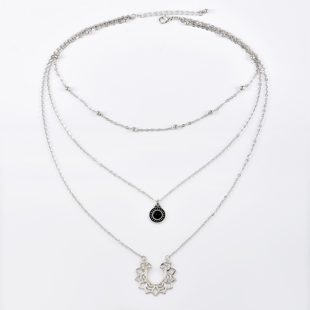 3 Layer Antique Layered Necklace Silver Color - Picture 3 of 8